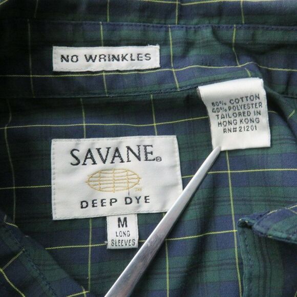 Savane Plaid Shirt Green Blue LS Mens M Cotton Blend Deep Dye Button Down - Picture 10 of 11